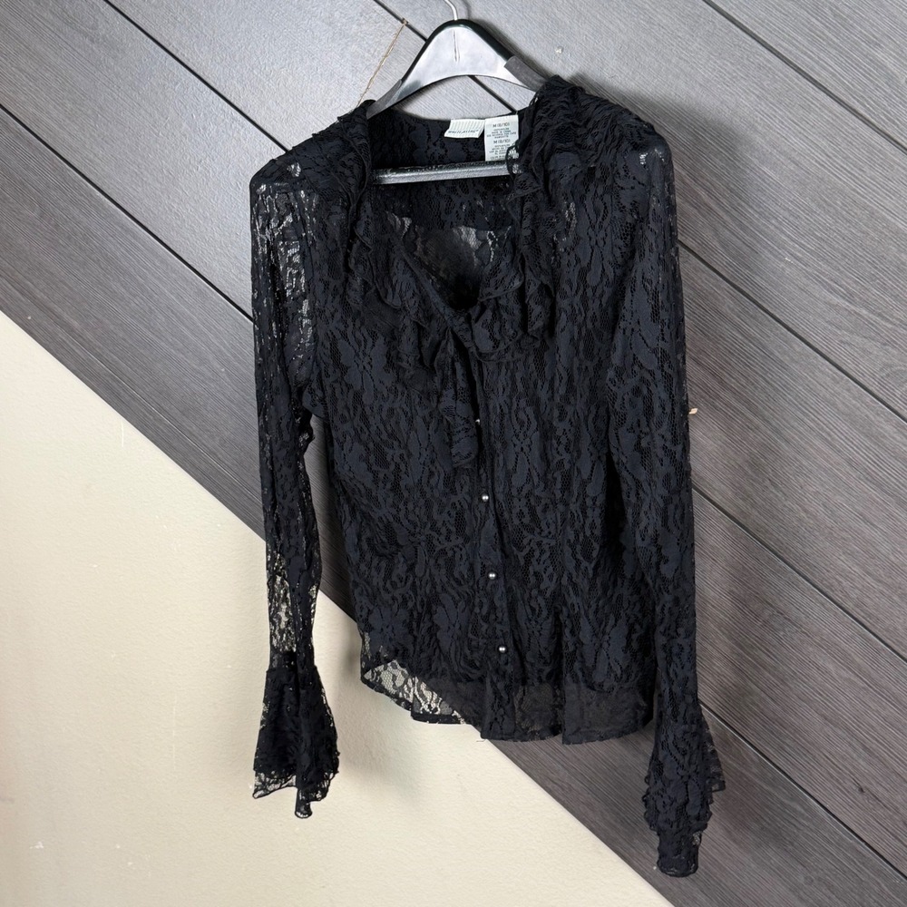 White Stag Women's Med Whimsigoth Black Lace Button Up Blouse Bell Sleeve Y2K - Picture 3 of 7